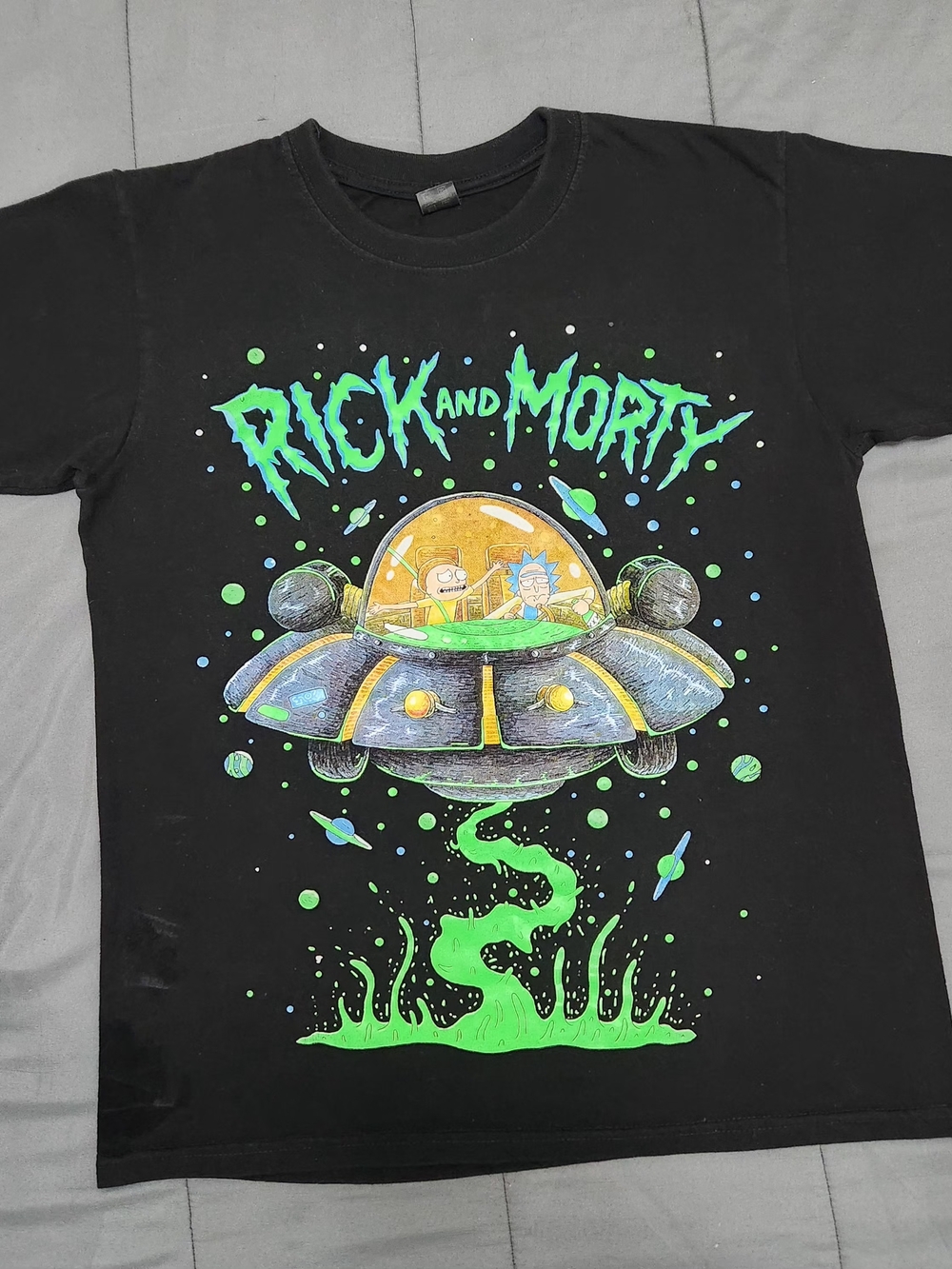 Black Graphic Tee with Neon Green UFO